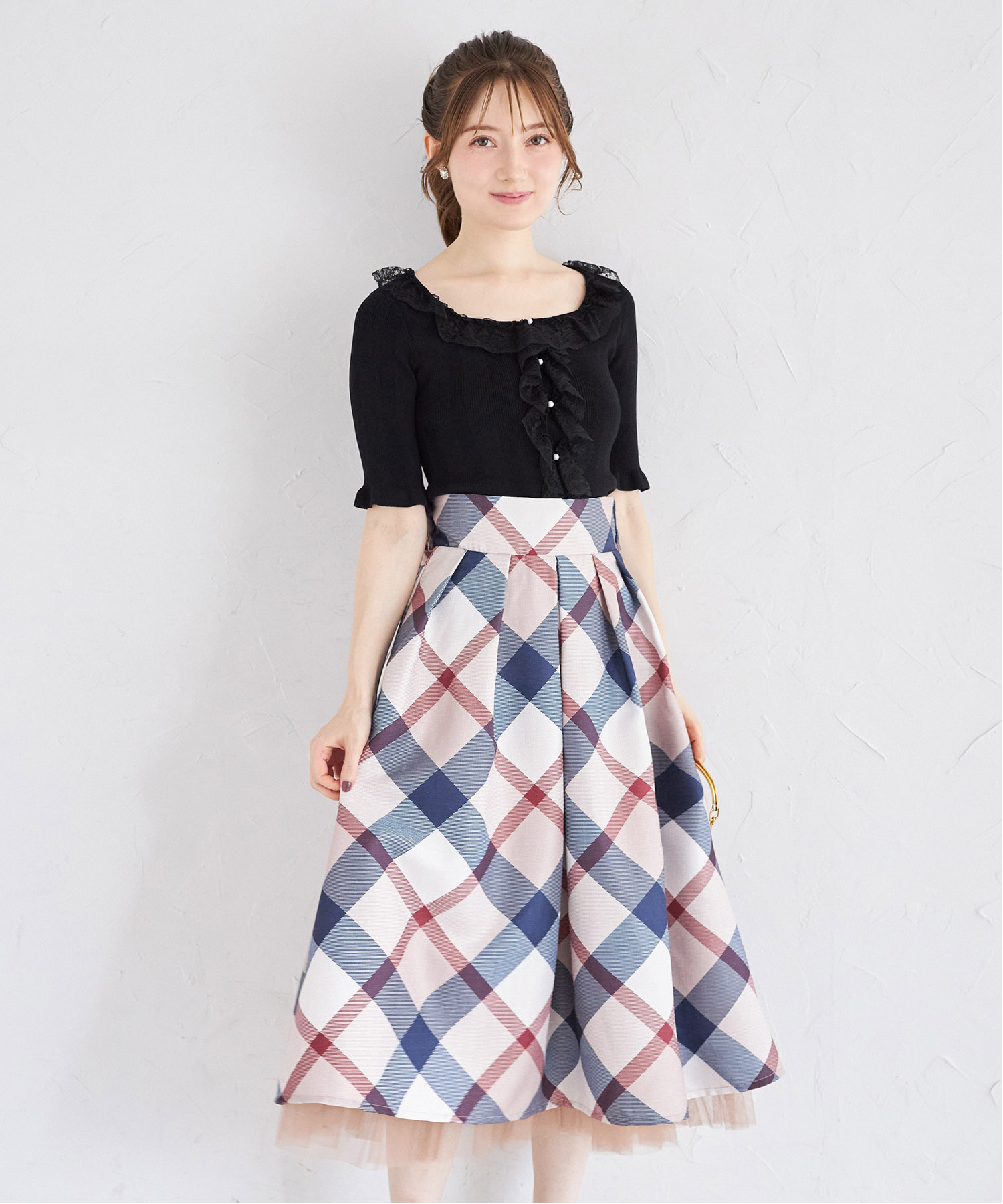 3WAYリボン付き後ろチュールフリル切り替えチェックプリント