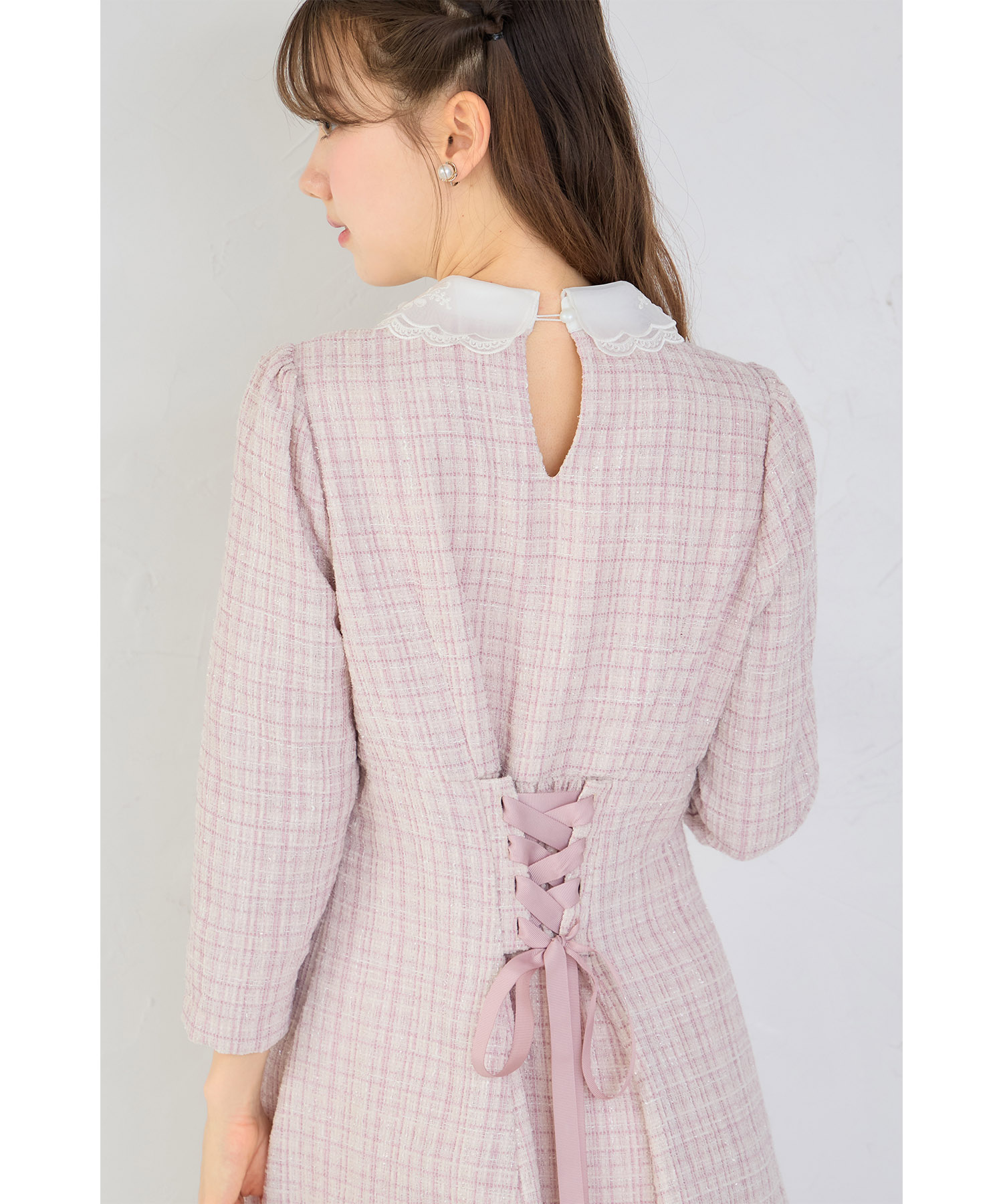 ビジュー×立体モチーフ付きオーガンジーフラワーレース襟ツイード