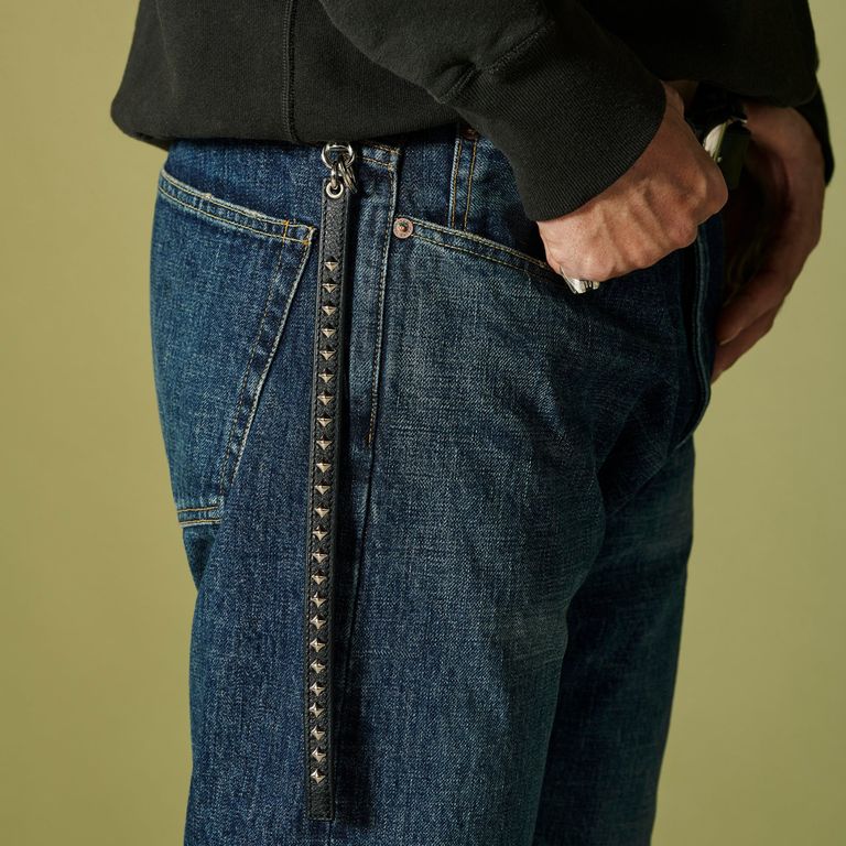 CALEE - STUDS LEATHER LONG KEY RING (BLACK) / スタッズ レザー