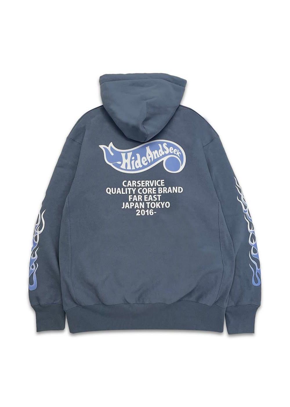 HIDE AND SEEK - ×CARSERVICE HOODED SWEAT SHIRT (D-BLUE) / カー