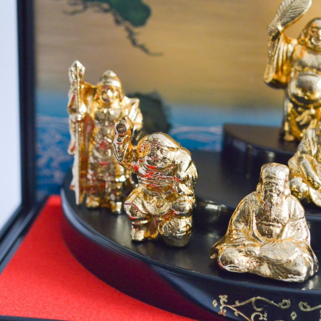 送料無料】 七福神 純金メッキ / 恵比寿 大黒 宝船 置物 幸運 高岡銅器