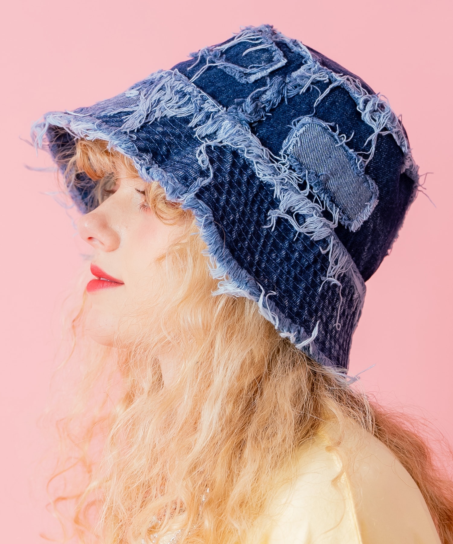 クラッシュフリンジランダムパッチワークデニムハット / メンズ