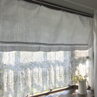 C1026 イギリスアンティークレース＆リネンカフェカーテン コットン