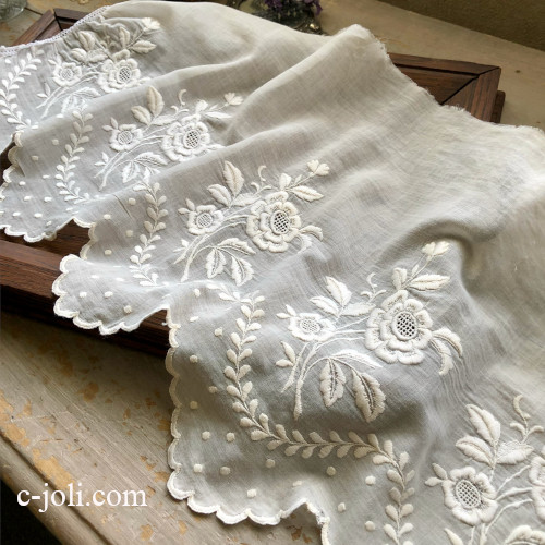 L2779 フランスアンティーク刺繍パーツ 白糸刺繍/ホワイトワーク手刺繍