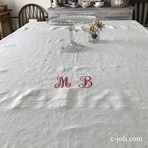 T2953 フランスアンティークリネン大判テーブルクロスMB 手刺繍