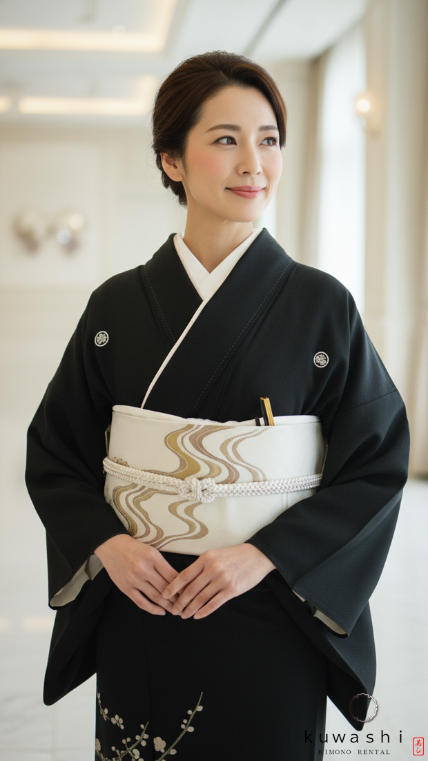 正絹黒留袖レンタル】 90001 金彩梅流水黒留袖袋帯セット 【身長