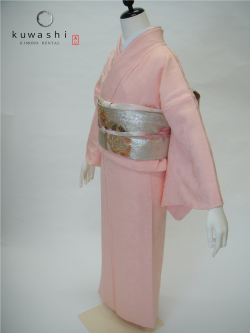 正絹色無地レンタル】 10015 一つ紋ピンク地紋正絹色無地フル