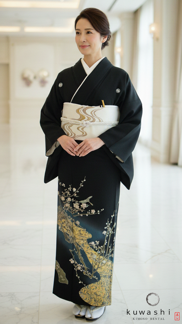 正絹黒留袖レンタル】 90001 金彩梅流水黒留袖袋帯セット 【身長