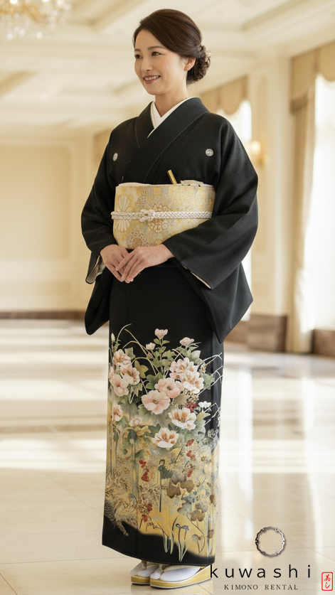 正絹黒留袖レンタル】 90002 百花金箔黒留袖袋帯セット 【身長