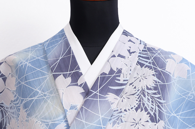 源氏物語 浴衣(ゆかた) 綿麻 注染 秋草 水色×紺 ◇女性にオススメ