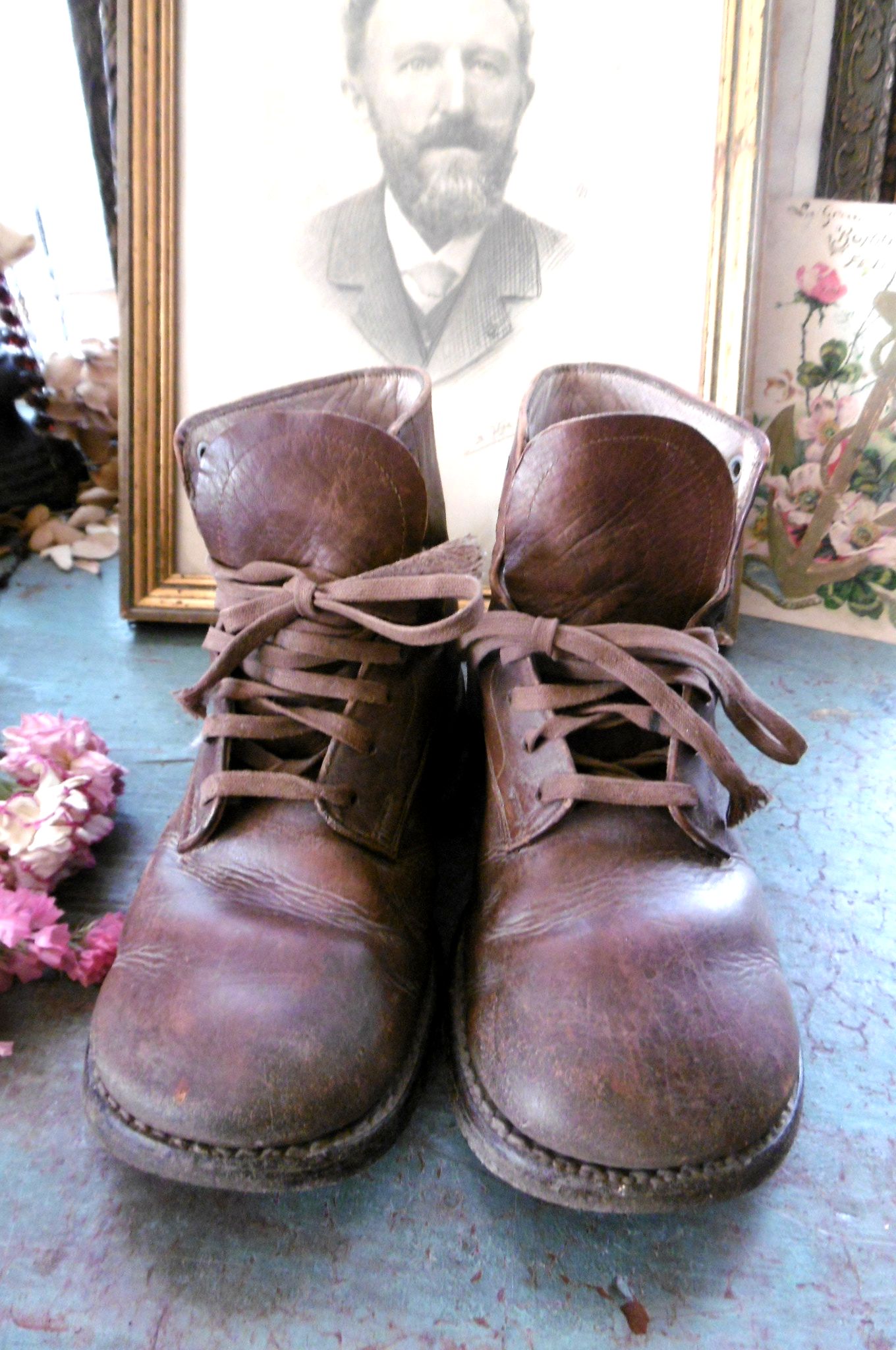 フランスアンティーク,チャイルドシューズ,革ブーツ,ブラウン,紐靴