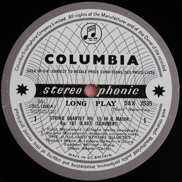 LP レコード ジュリアード四重奏団のシューベルト/弦楽四重奏曲第15番