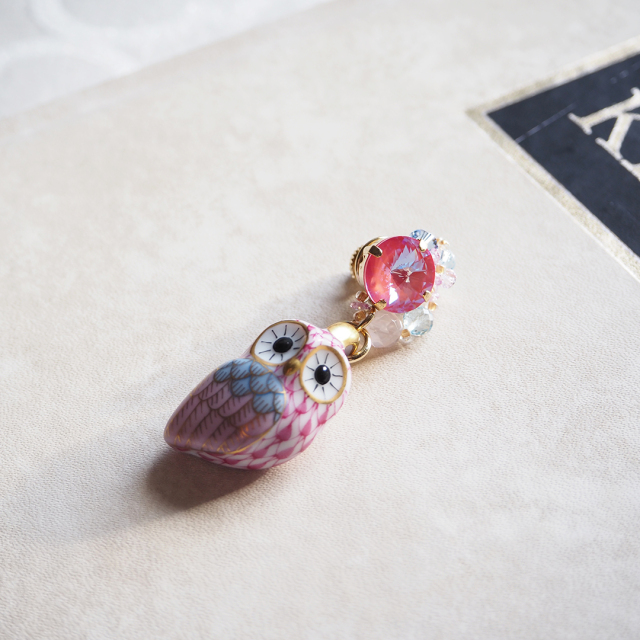 ヘレンド×Korino.I] ピンブローチ フクロウ・ピンク