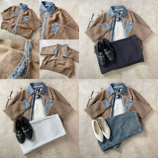 newデニム切替ニットカーディガン