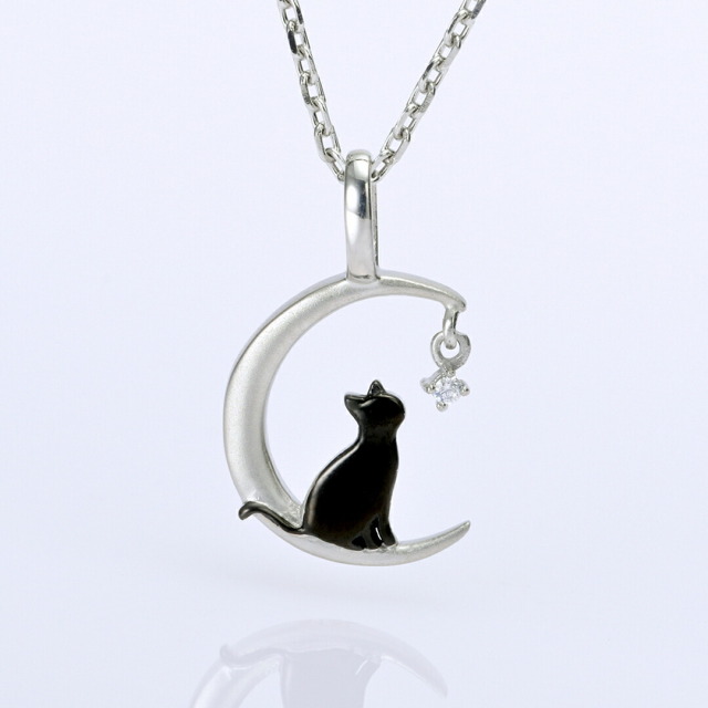 ネックレス ステンレススチール キュービックジルコニア(月)(星)(猫