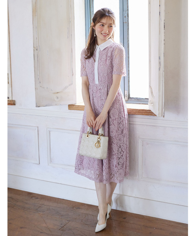 パール釦パネルライン襟付きレースワンピース