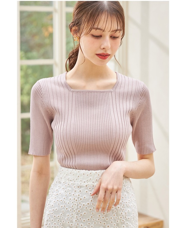 接触冷感♪スクエアネックランダムリブニットプルオーバー