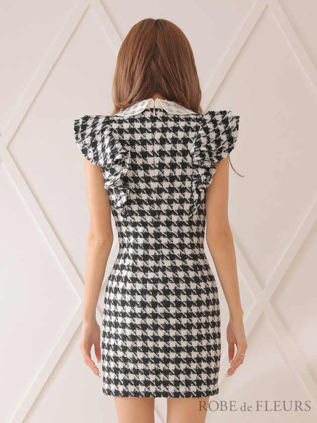 XSサイズあり】ビジュー付き丸襟xツイードフリル袖タイトミニキャバ