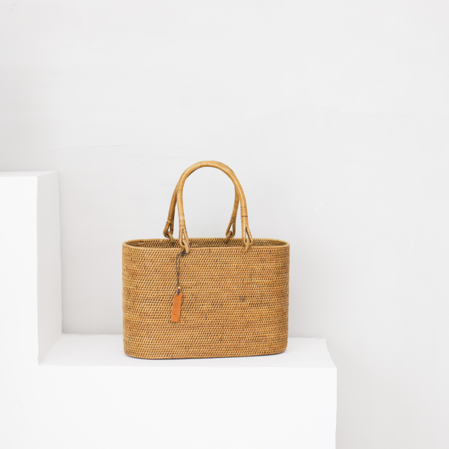 楕円バッグMサイズ マチ広プレーン柄 巾着無し (NAB694P) バリ島 かご