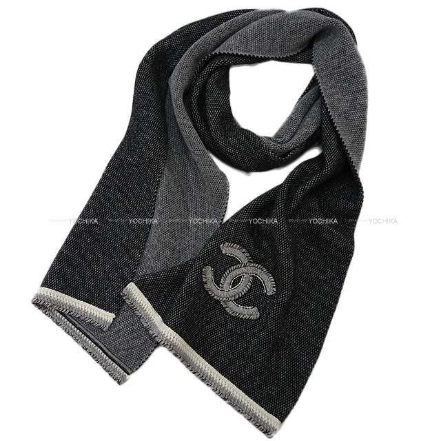 CHANEL シャネル マフラー ココマーク ニットマフラー グレー/白