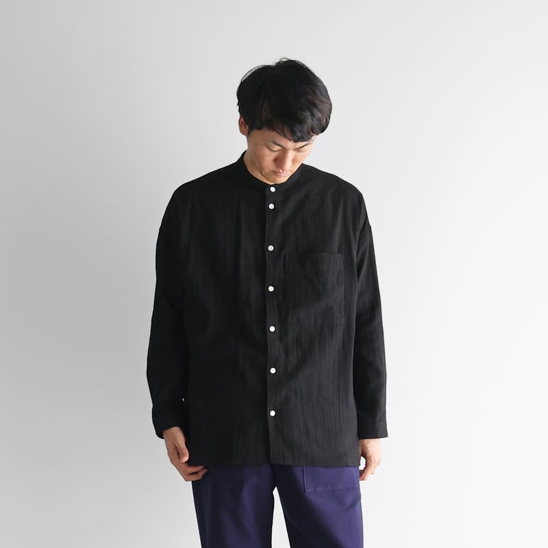 シャトルダブルガーゼバンドカラーオーバーシャツ（ブラック）【ユニ