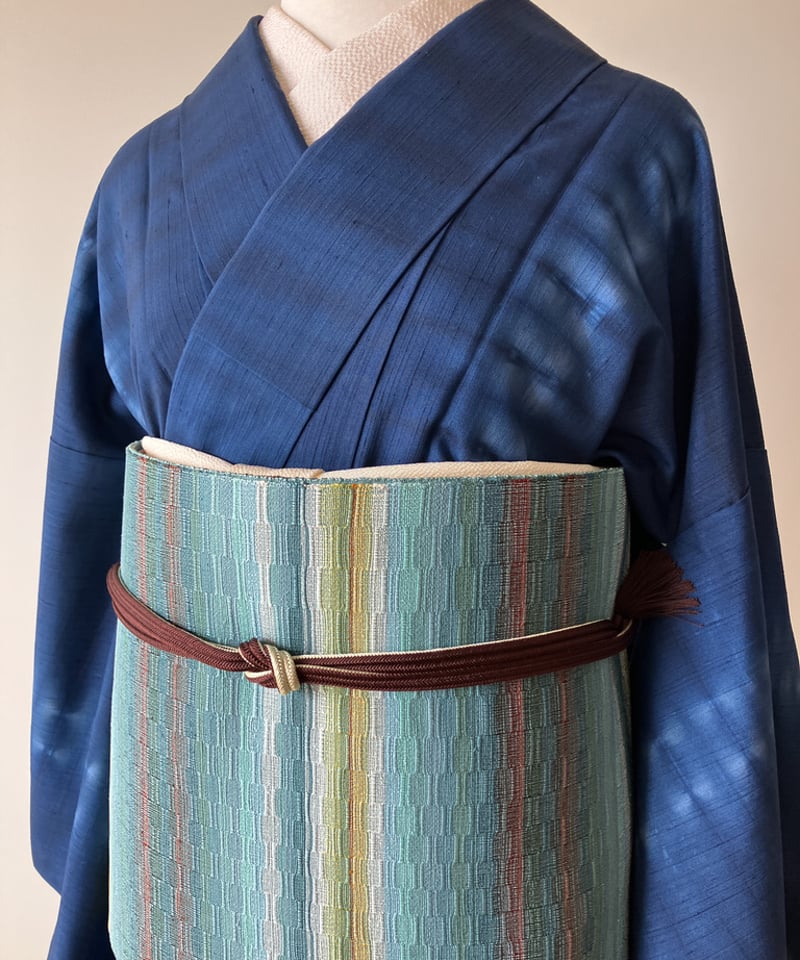 藍色 絞り縞模様 袷紬 正絹 大きめサイズ［K178］ | kimono ulala