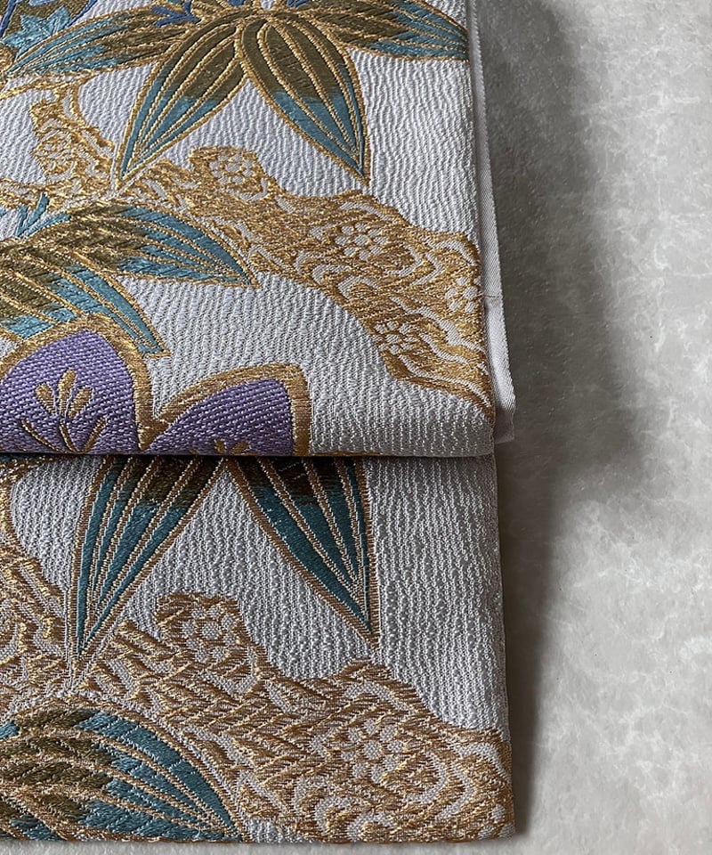 袋帯】 梅花文様 シルバーグレー地に金糸入り フォーマル帯［RO011