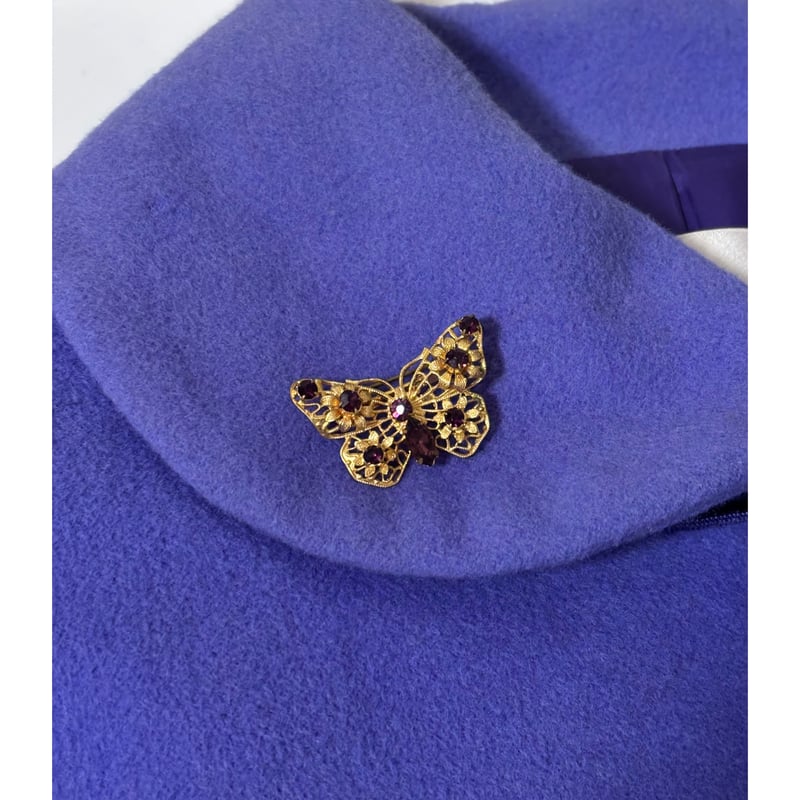 チェコガラス バタフライ パープルフラワー フィリグリー ブローチ