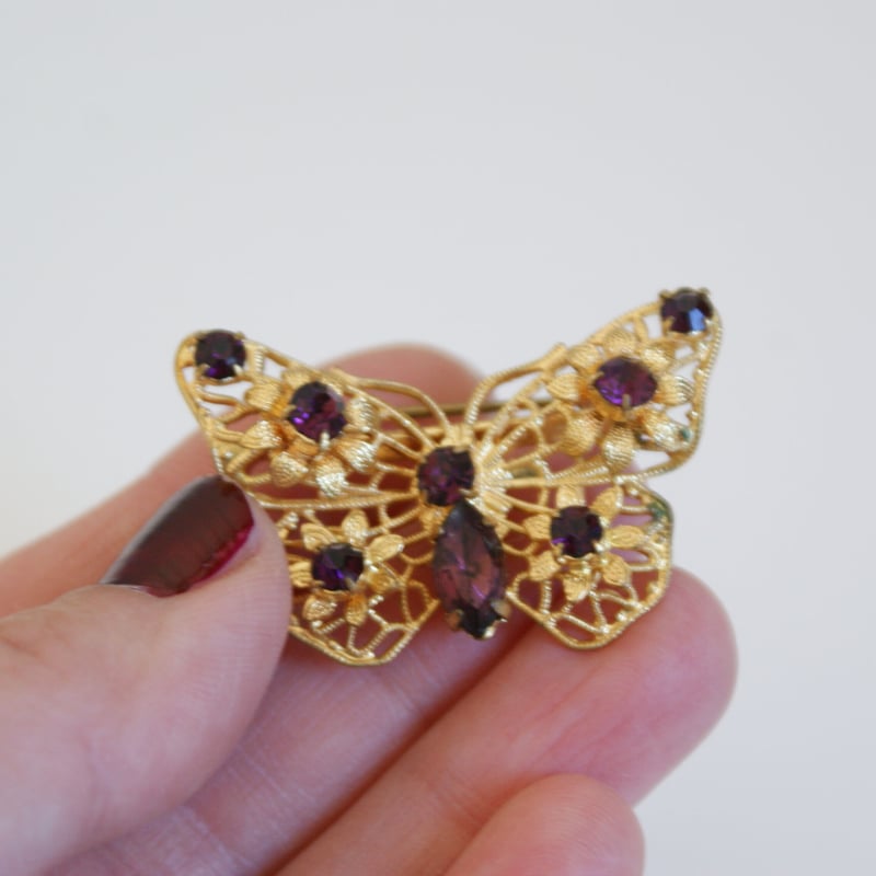 チェコガラス バタフライ パープルフラワー フィリグリー ブローチ