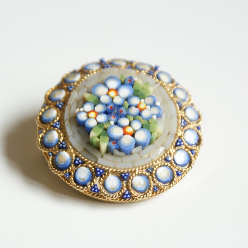 イタリア製 勿忘草 ブルーフラワー モザイクガラス ブローチ