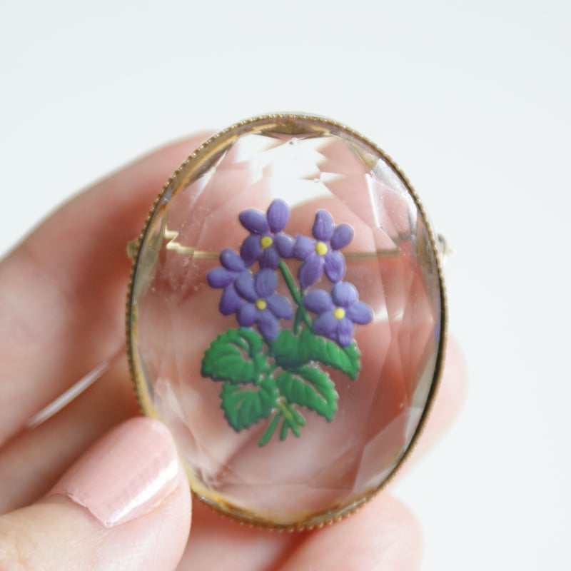 スミレ フラワー ガラス ブローチ/ ヴィンテージ・アンティーク