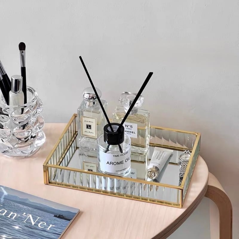 即納】#ゴールド フレーム 長方形 ミラー トレイ コスメ 収納 | 70PARK