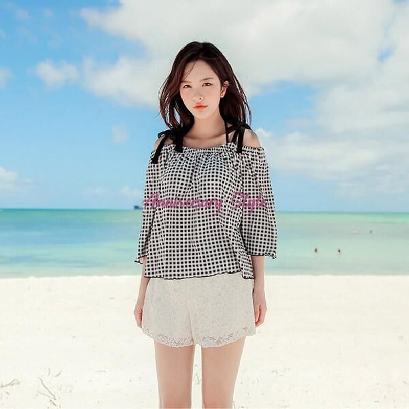 水着 黒チェック M 即納 オフショルトップス ＆ サーフパンツ 付