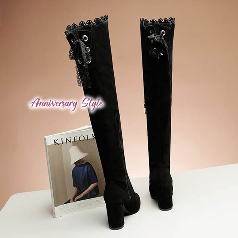 ニーハイブーツ 34-39 黒 茶 22-24.5cm レース リボン 編み上げ Rml107