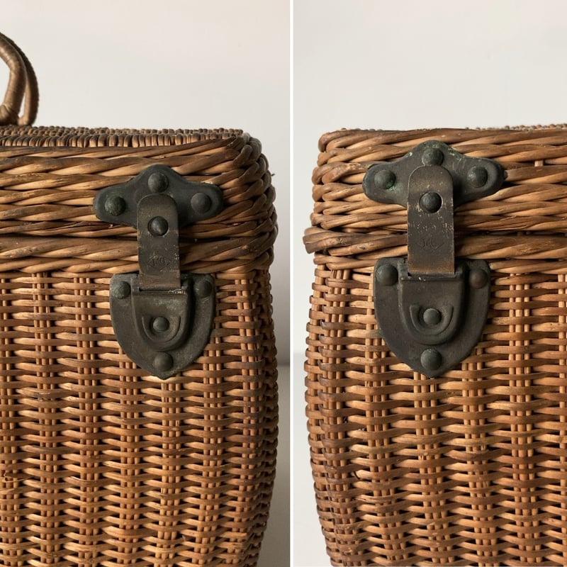 古い日本製バスケット ラタン製 5ロック金具 籐巻き持ち手 ジャパン