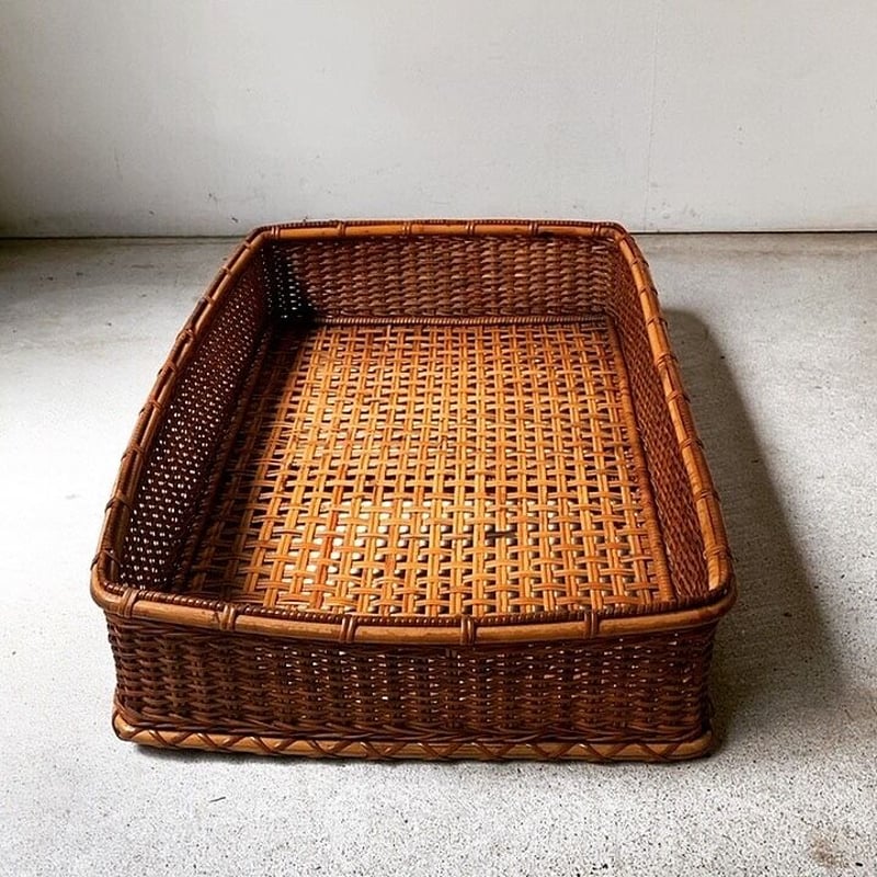 大正期 古い竹編の平籠 アンティークバスケット ヴィンテージカゴ 衣装