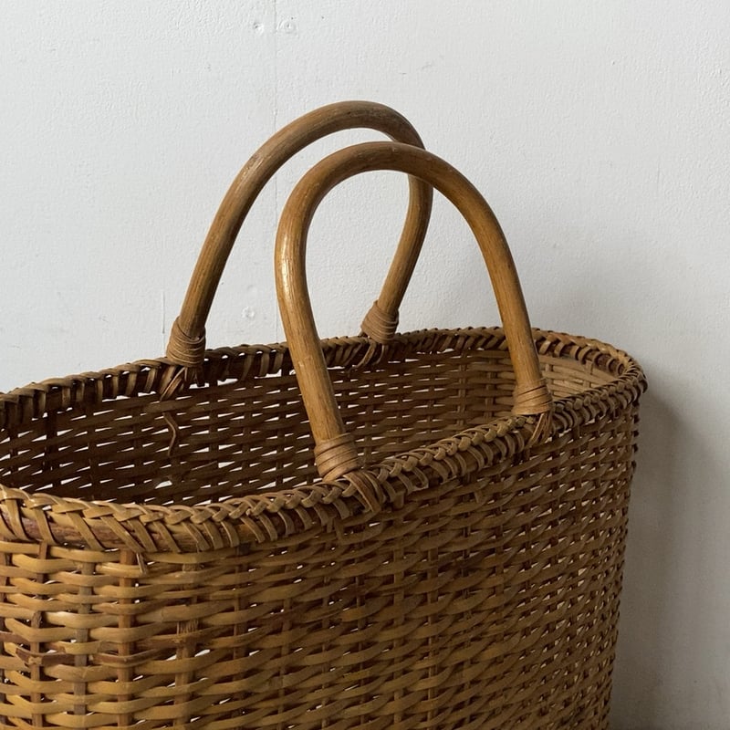 古いトート型編み籠 かごバッグ 竹編み ゴザ編み ジャパンヴィンテージ