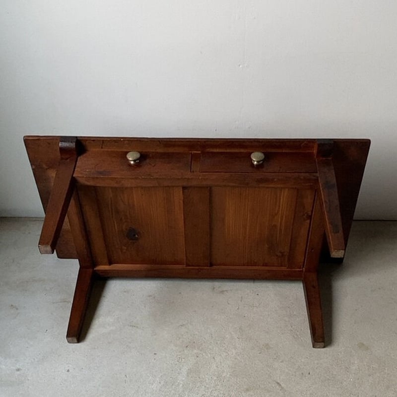 古い引出し文机 昭和初期 木製無垢材 2 杯引出し 座卓 風合豊かな木の