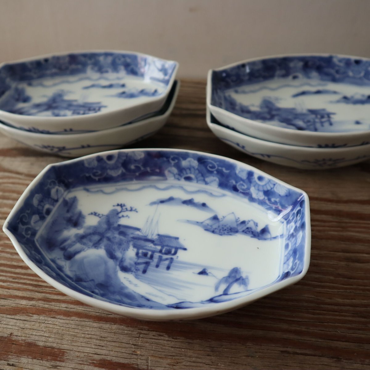 A003【中皿】九谷焼角福 舟形 印判染付け 5点 | うつわ屋 KOJI