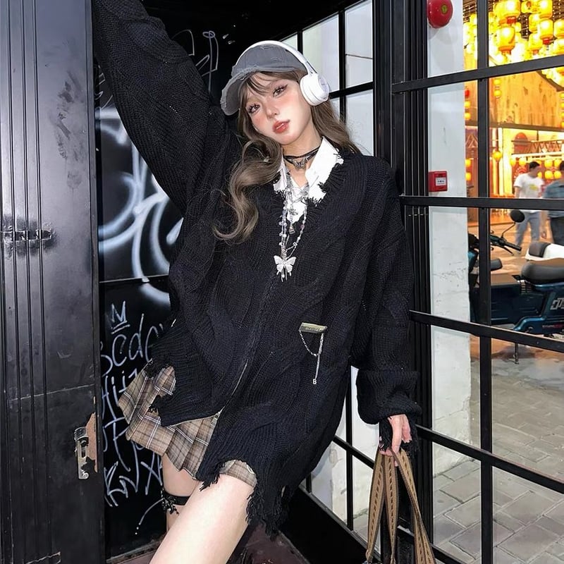 ニット カーディガン ダメージ加工 クラッシュ加工 ケーブル編み