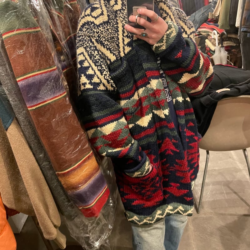 RALPH LAUREN COUNTRY 90s ネイティブ柄 ショールカラー ウールニットガ