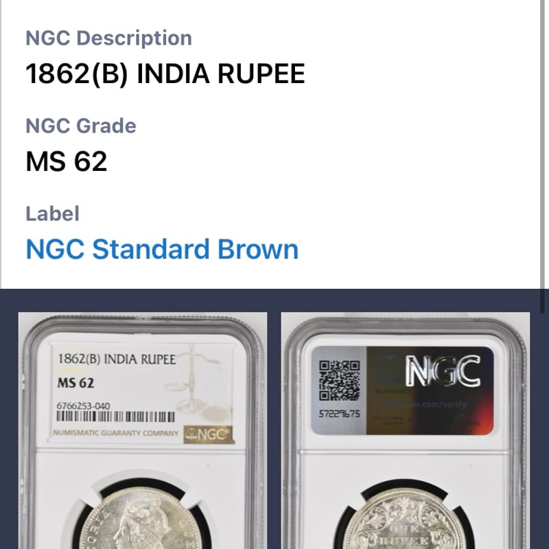 QUEEN刻印碑文 】NGC鑑定MS62 英領インド 1ルピー銀貨 ヴィクトリア
