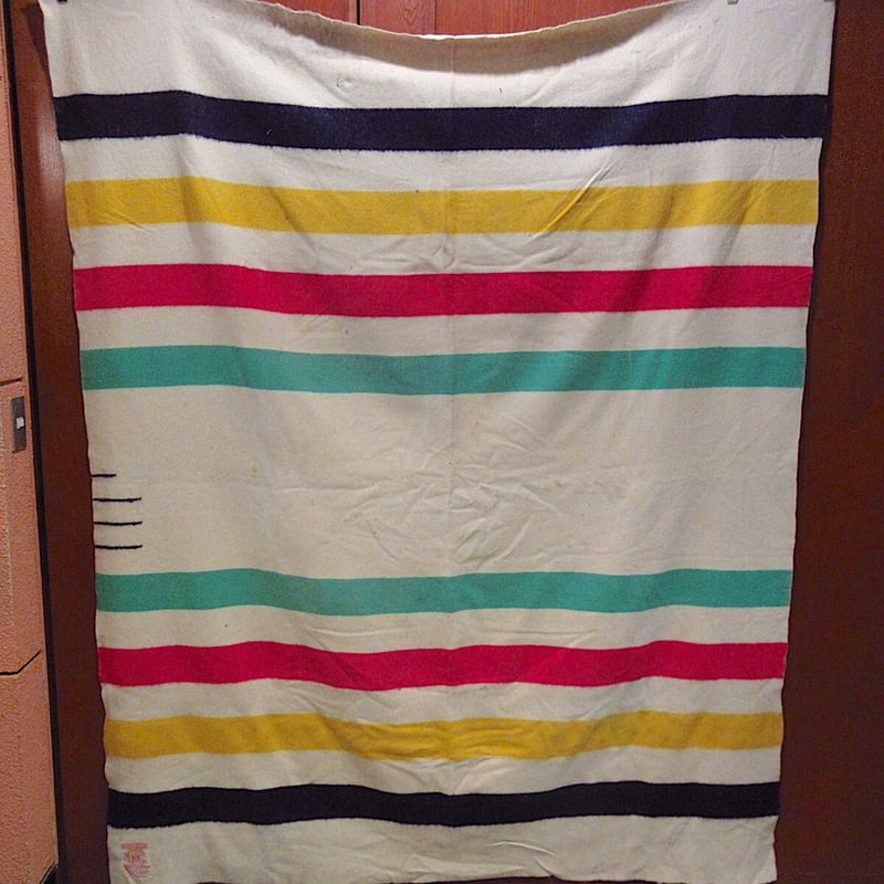 ビンテージ○HUDSON'S BAYマルチボーダーウールブランケット箱付き