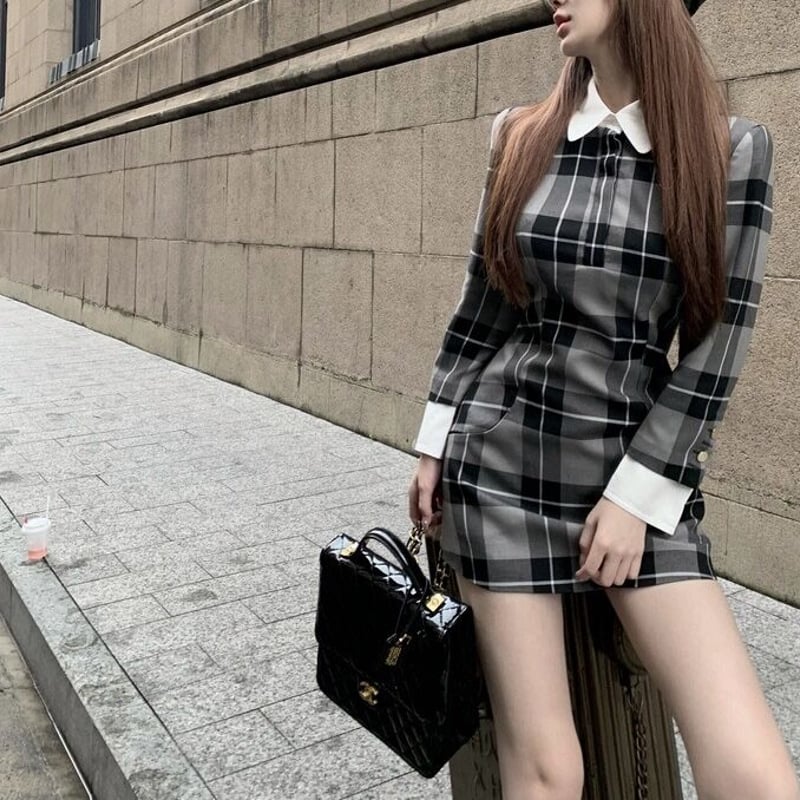 グレーチェックフレンチワンピース 0747 | Dolly