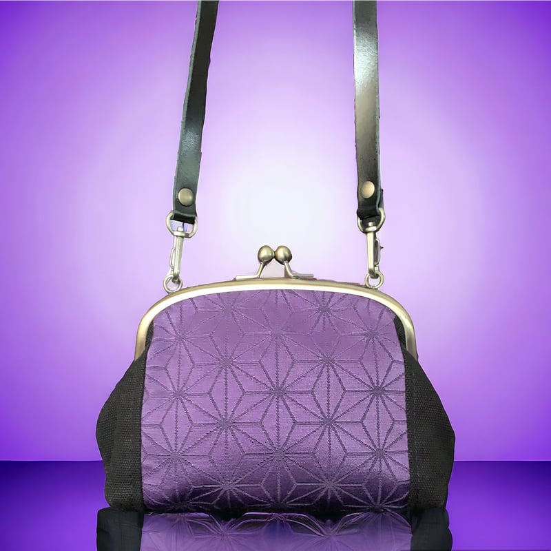 がま口バッグ＜人気の麻の葉西陣帯＆黒帆布＆本革ショルダー