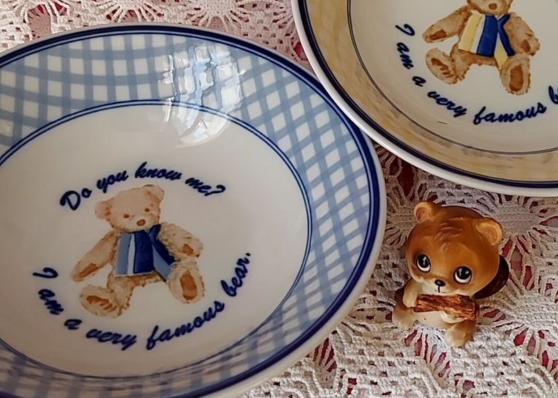 テディベアとギンガムチェック・深皿 ブルー | あんちーくKIDAN STORE