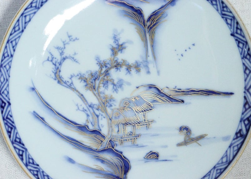 明治前期九谷焼金彩染付山水図通り物6寸皿 | 吉祥寺PukuPuku