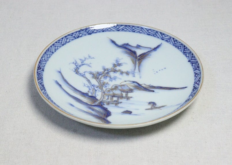明治前期九谷焼金彩染付山水図通り物6寸皿 | 吉祥寺PukuPuku
