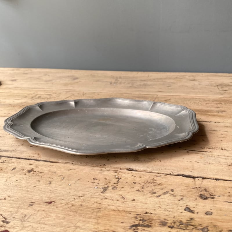 ピューター 花リムオーバルプレート 26.5cm フランスアンティーク ⑳