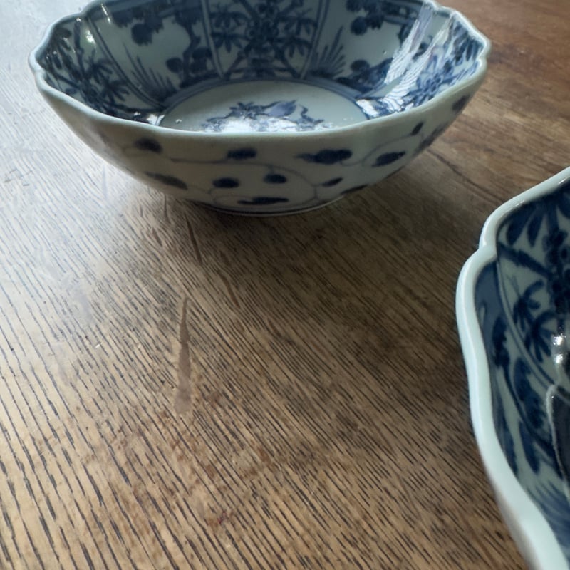 古伊万里 染付松竹梅文 輪花膾皿 渦福銘 2客セット | Kaikaroman